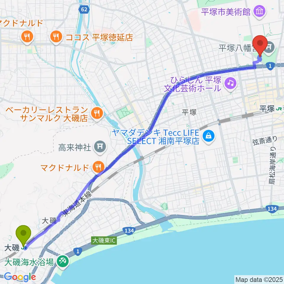 大磯駅から八幡山の洋館へのルートマップ地図