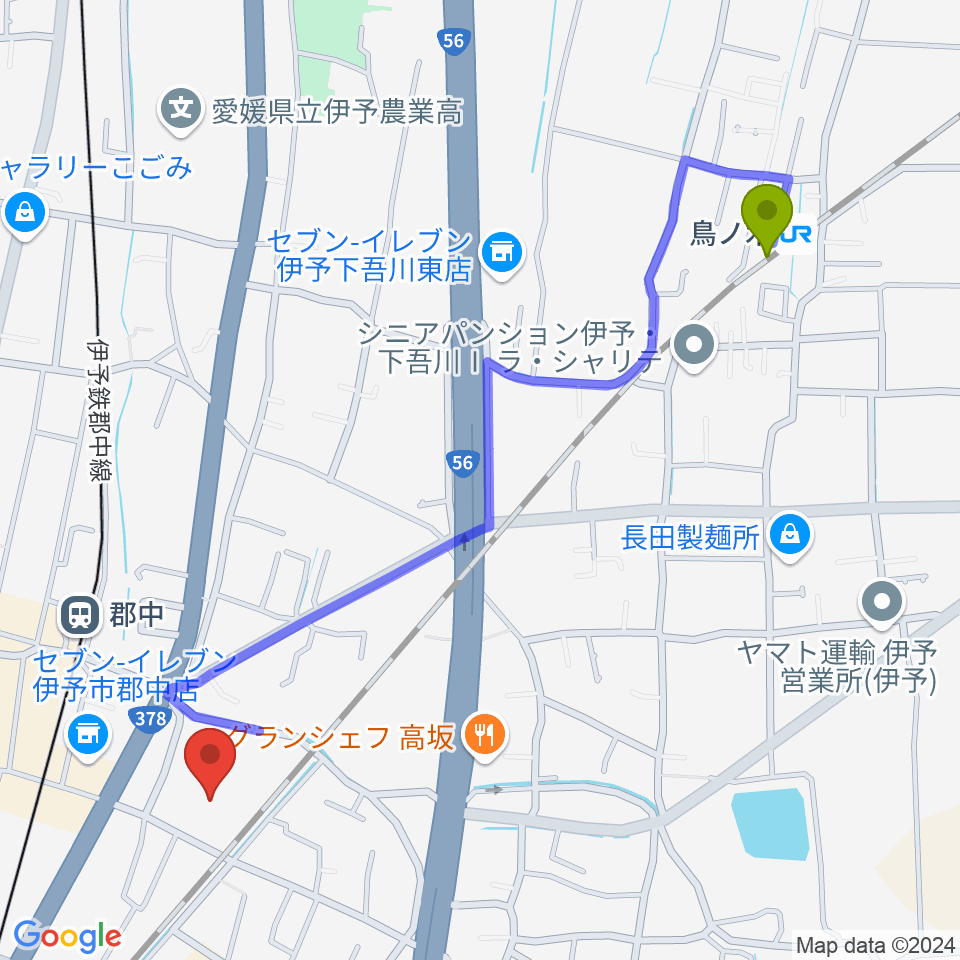 鳥ノ木駅からIYO夢みらい館へのルートマップ地図