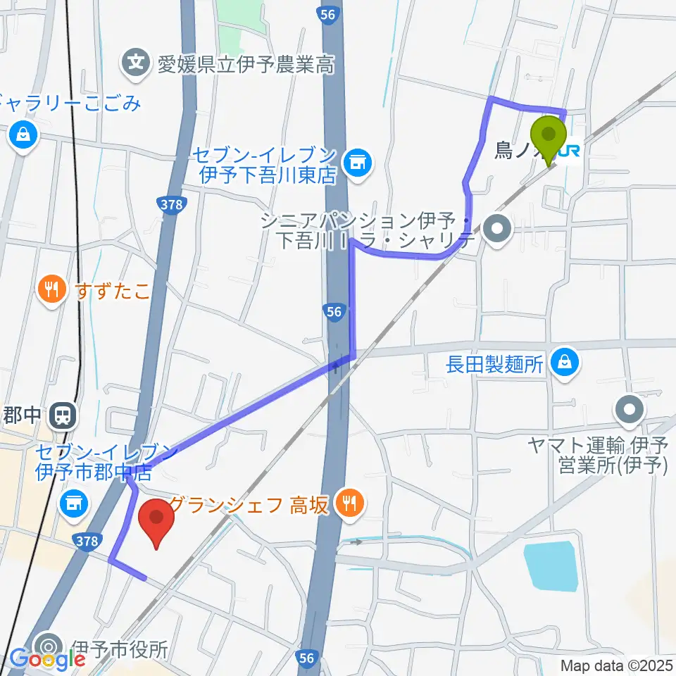 鳥ノ木駅からIYO夢みらい館へのルートマップ地図