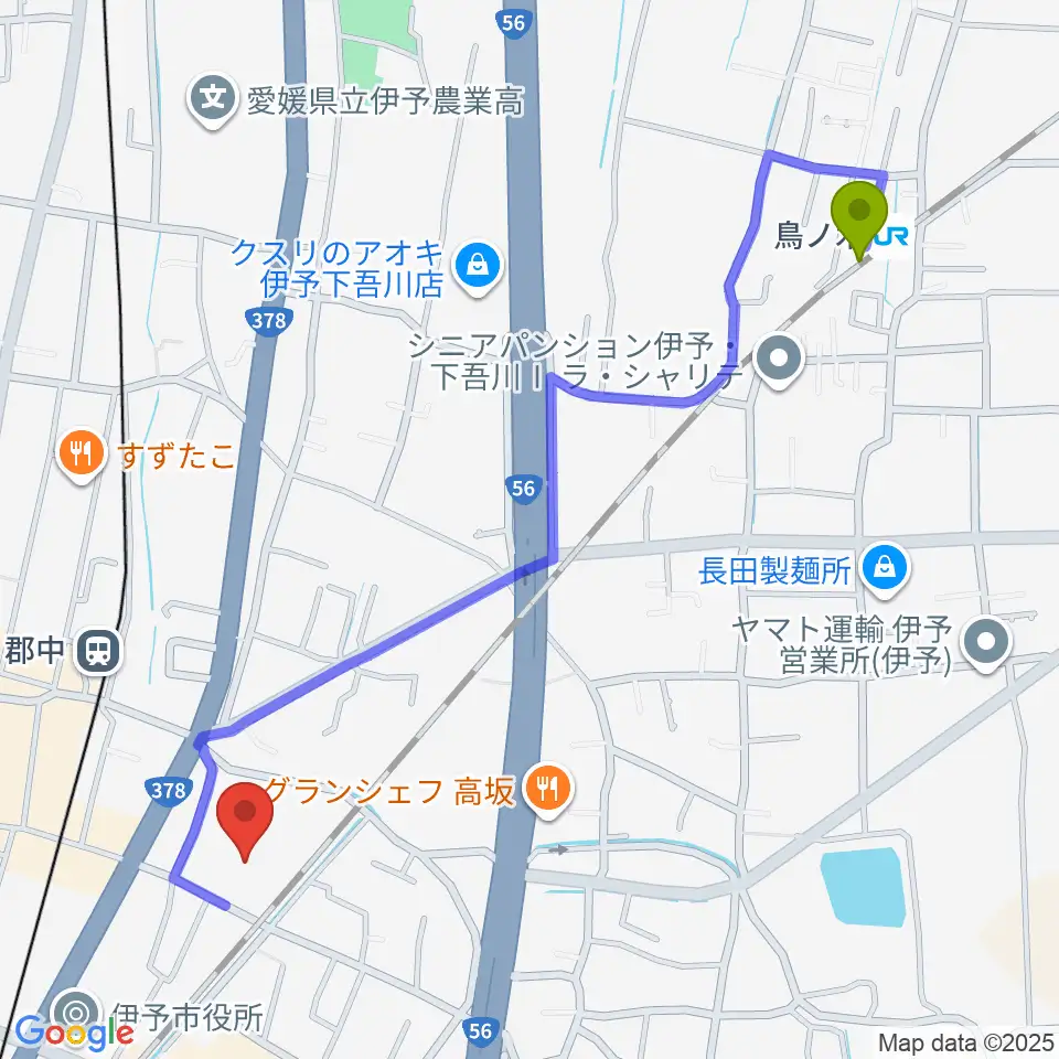 鳥ノ木駅からIYO夢みらい館へのルートマップ地図