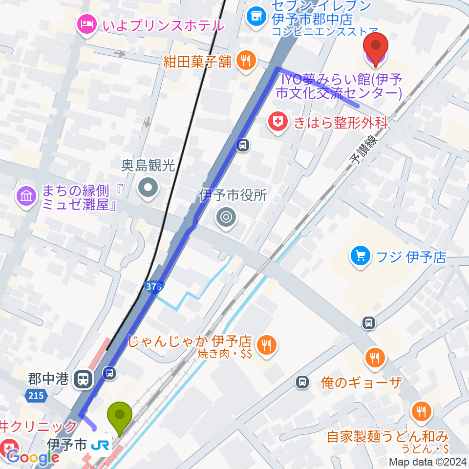 伊予市駅からIYO夢みらい館へのルートマップ地図