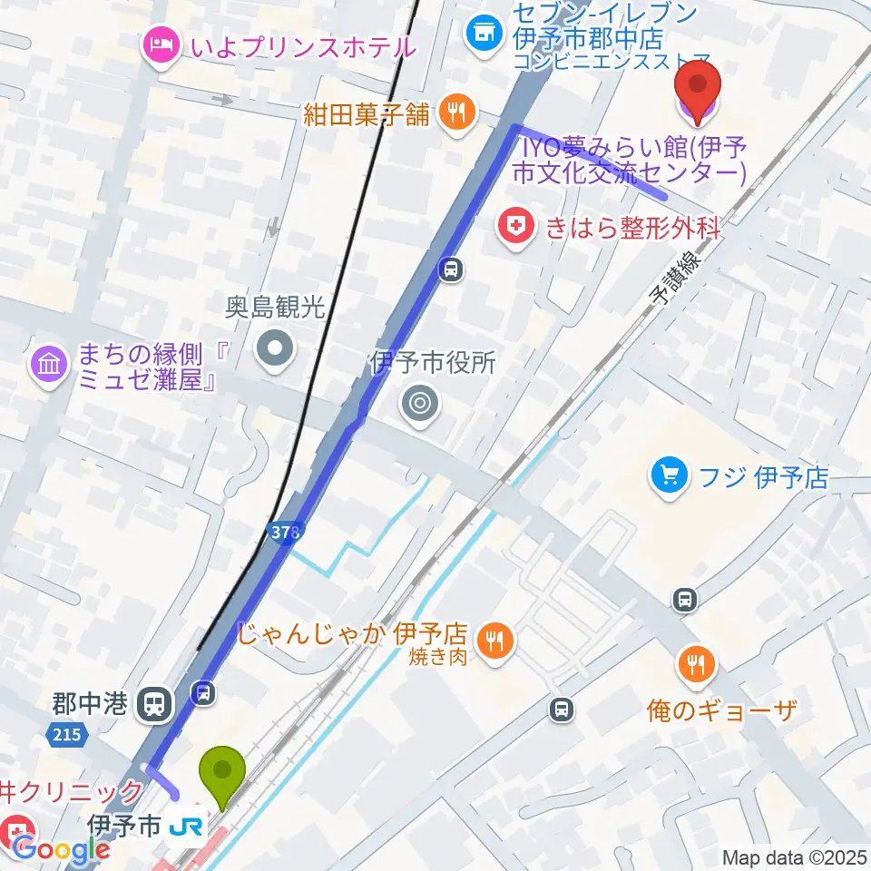 伊予市駅からIYO夢みらい館へのルートマップ地図