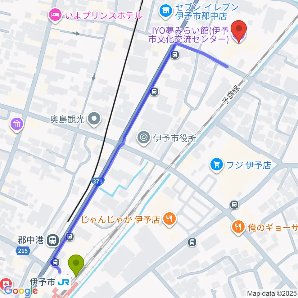 伊予市駅からIYO夢みらい館へのルートマップ地図