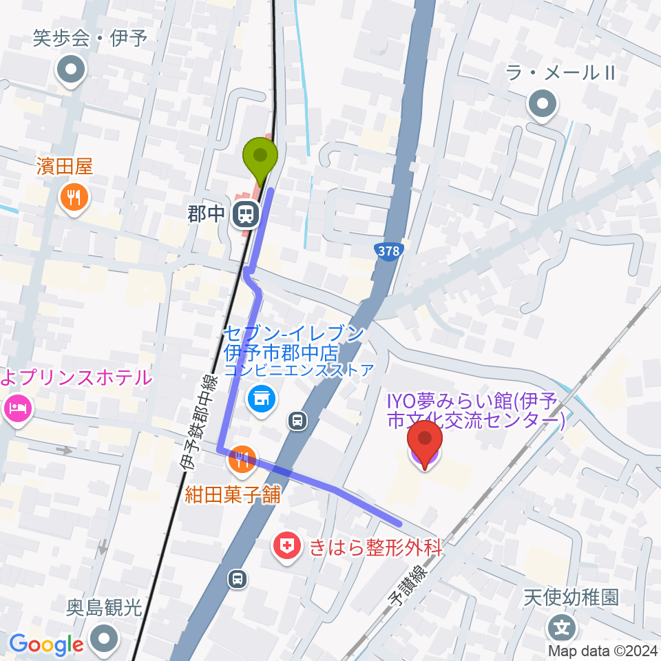 IYO夢みらい館の最寄駅郡中駅からの徒歩ルート（約4分）地図