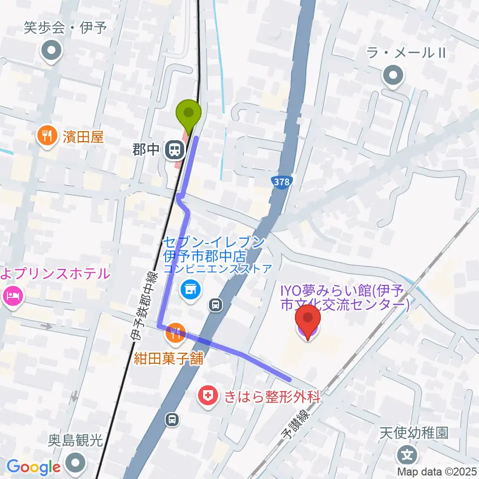 IYO夢みらい館の最寄駅郡中駅からの徒歩ルート（約4分）地図