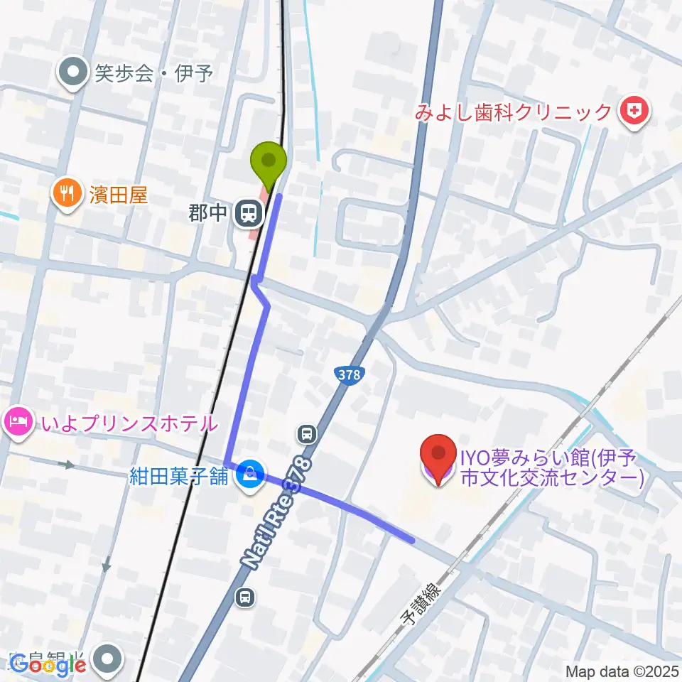 IYO夢みらい館の最寄駅郡中駅からの徒歩ルート（約4分）地図