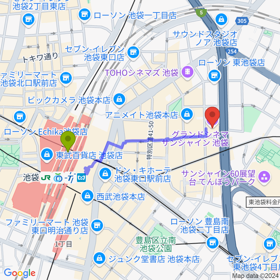 グランドシネマサンシャイン池袋の最寄駅池袋駅からの徒歩ルート（約8分）地図