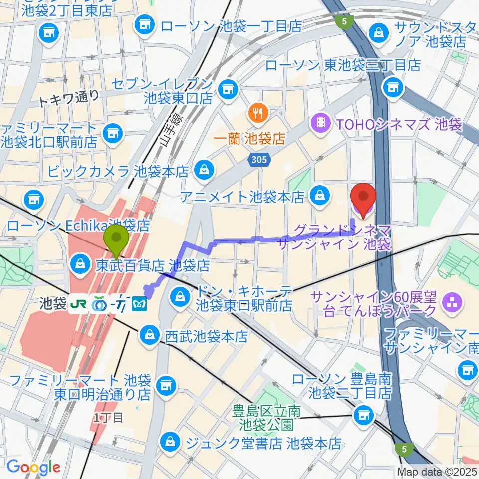 グランドシネマサンシャイン池袋の最寄駅池袋駅からの徒歩ルート（約8分）地図