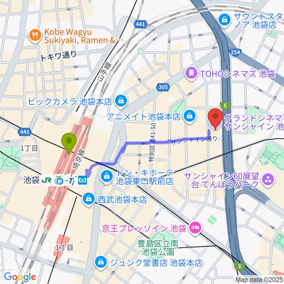 グランドシネマサンシャイン池袋の最寄駅池袋駅からの徒歩ルート（約8分）地図