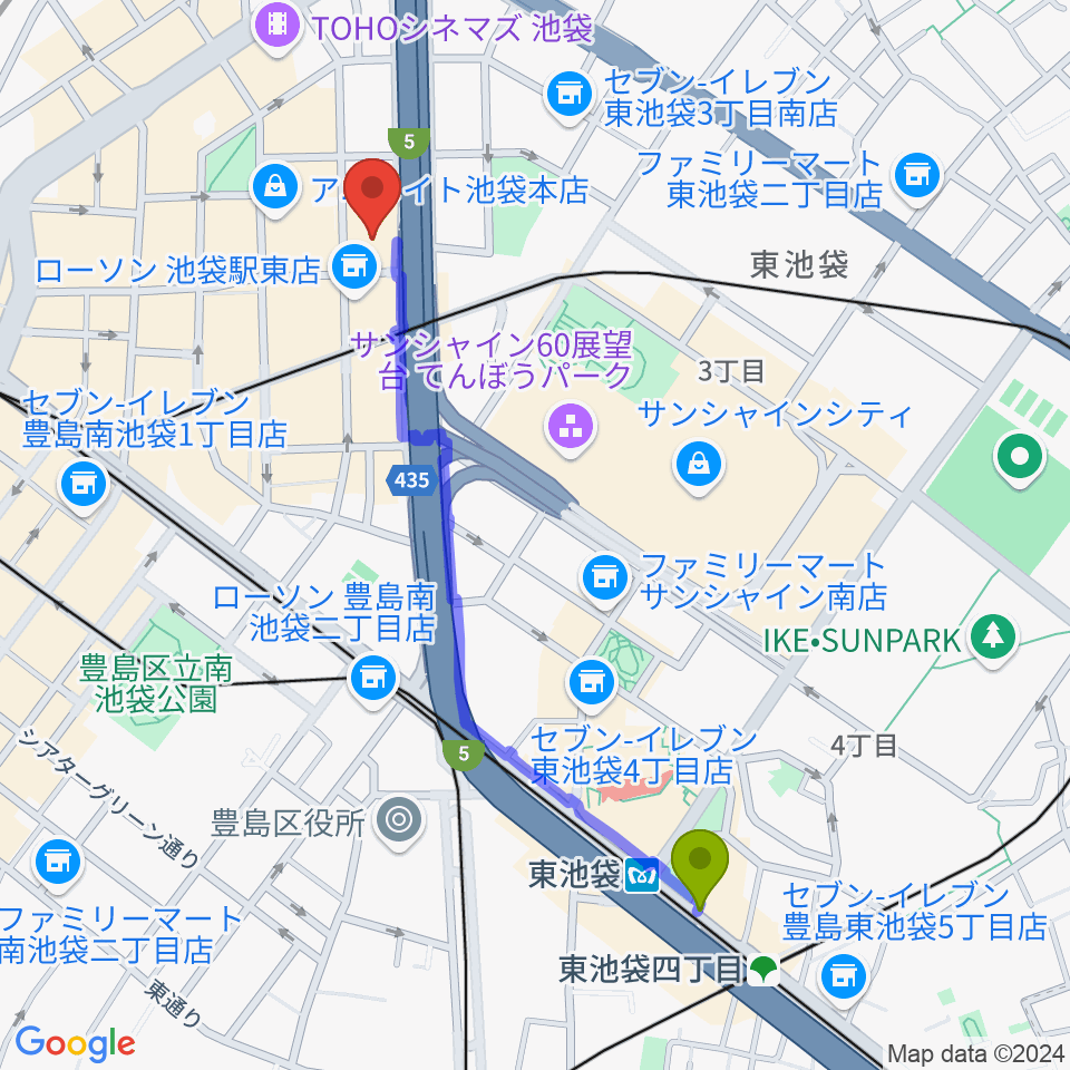 東池袋駅からグランドシネマサンシャイン池袋へのルートマップ地図