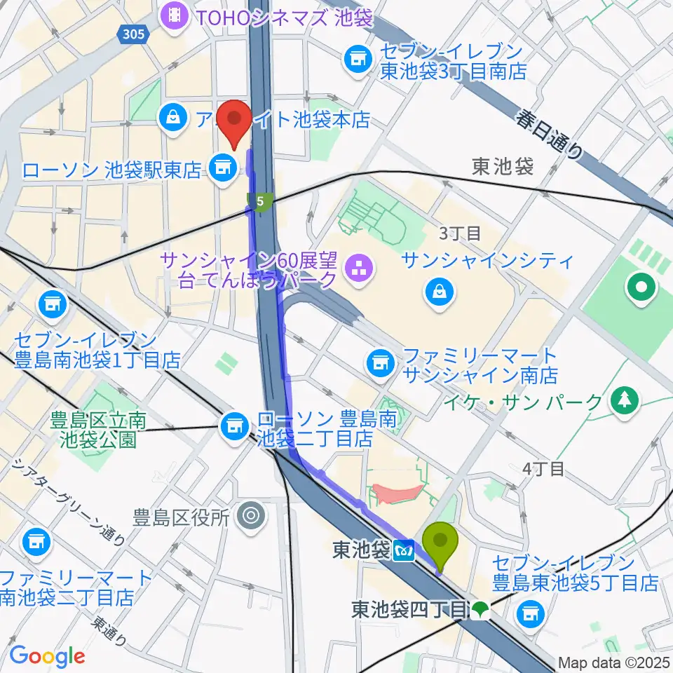 東池袋駅からグランドシネマサンシャイン池袋へのルートマップ地図