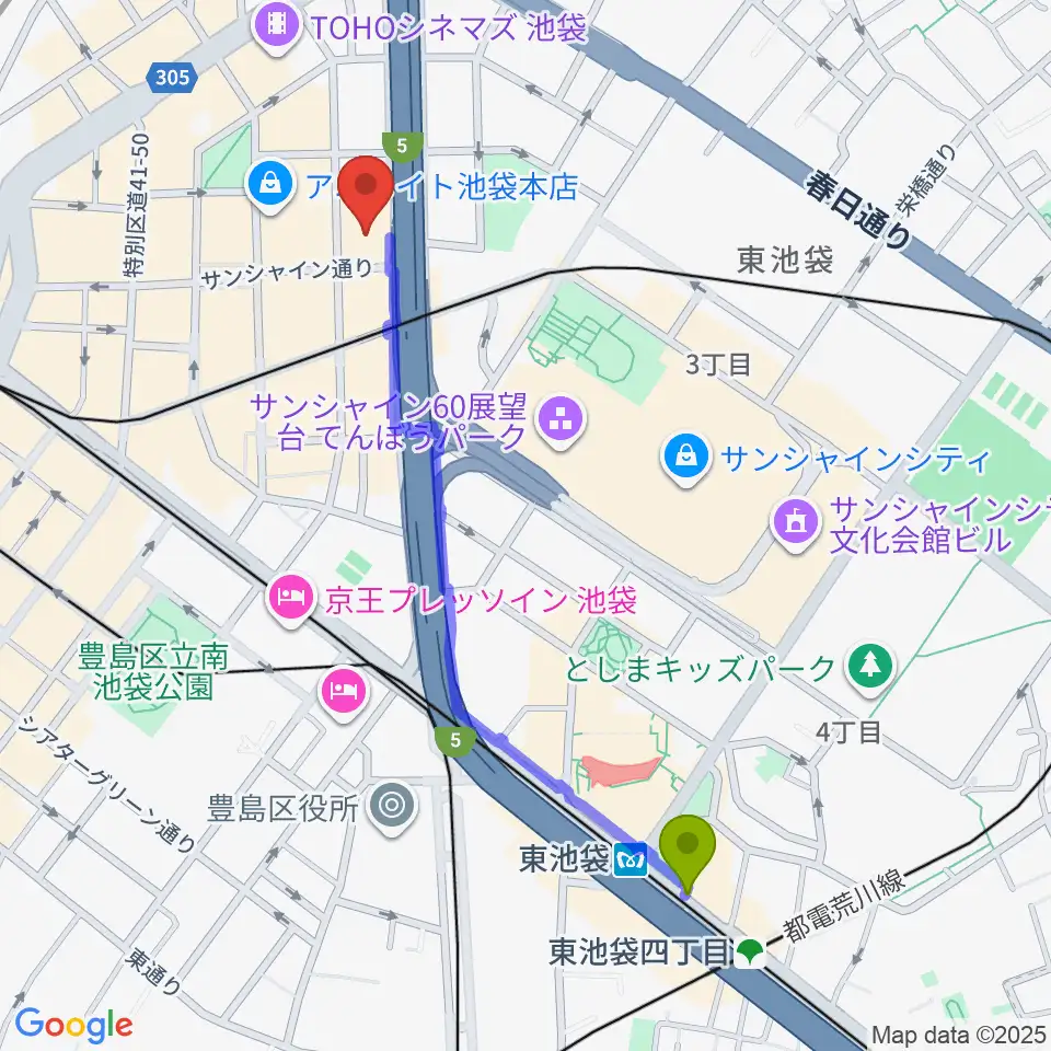 東池袋駅からグランドシネマサンシャイン池袋へのルートマップ地図