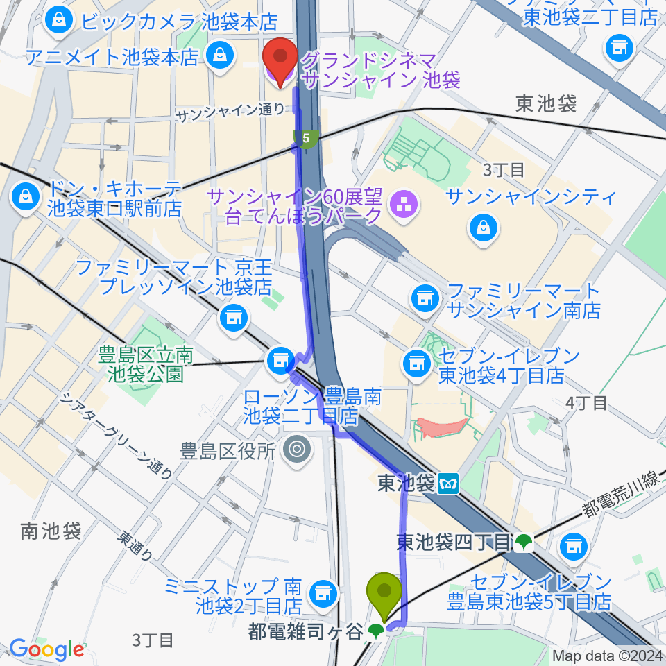 都電雑司ヶ谷駅からグランドシネマサンシャイン池袋へのルートマップ地図