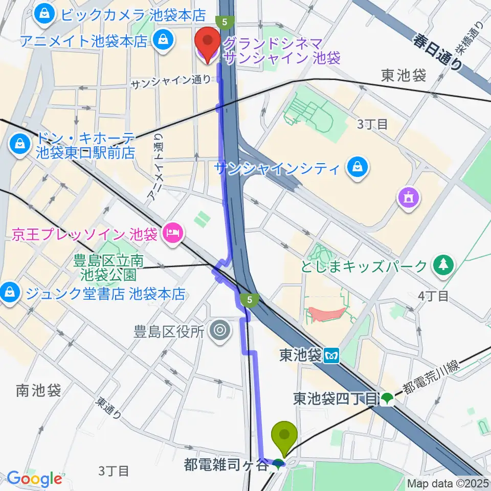 都電雑司ヶ谷駅からグランドシネマサンシャイン池袋へのルートマップ地図