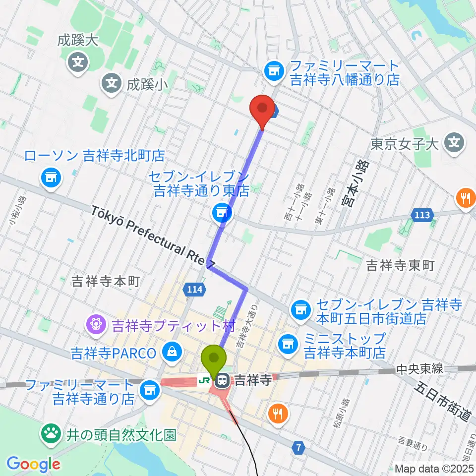 Akkord Guitarsの最寄駅吉祥寺駅からの徒歩ルート（約17分）地図