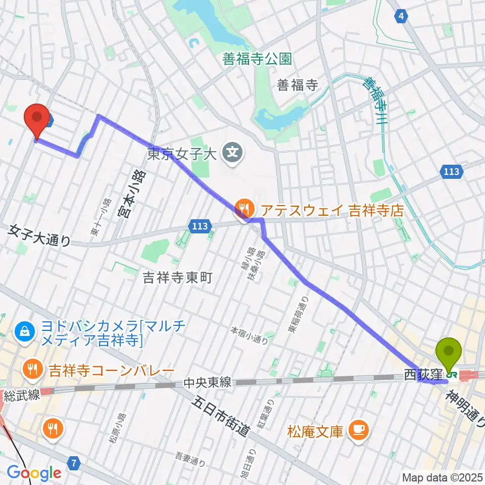 西荻窪駅からAkkord Guitarsへのルートマップ地図