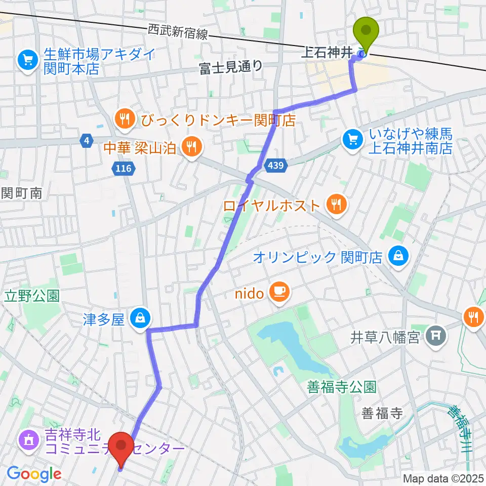 上石神井駅からAkkord Guitarsへのルートマップ地図