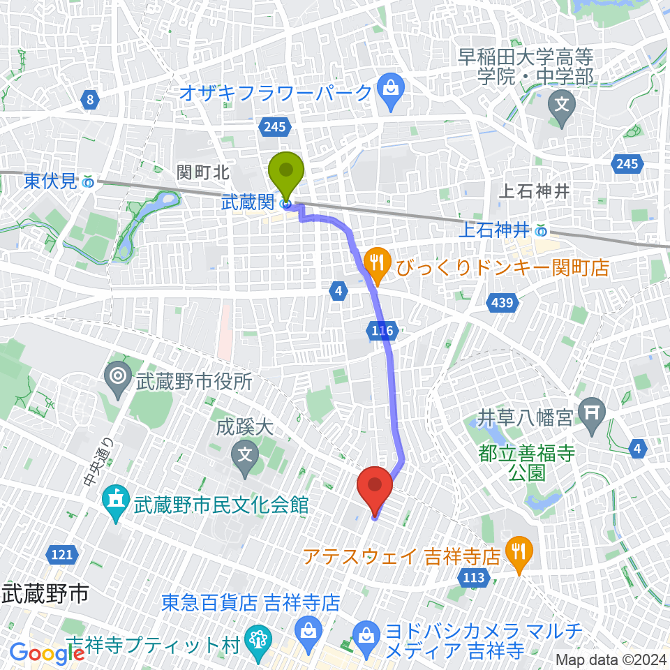 武蔵関駅からAkkord Guitarsへのルートマップ地図