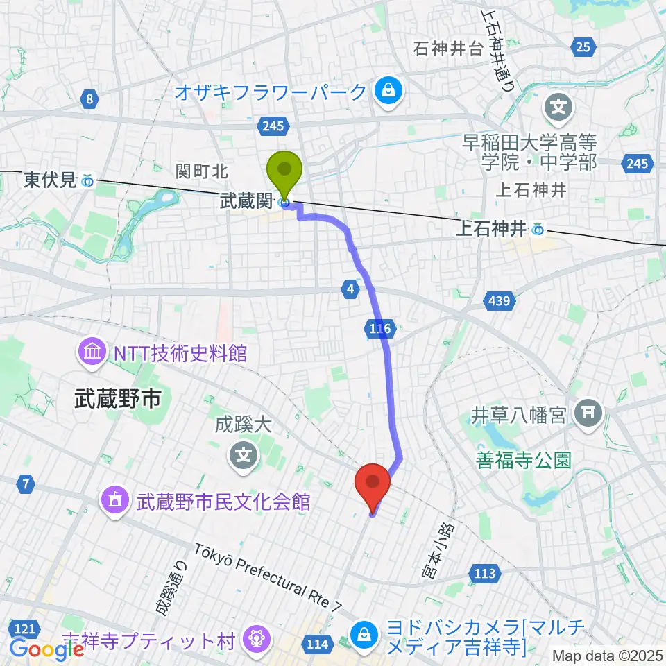武蔵関駅からAkkord Guitarsへのルートマップ地図