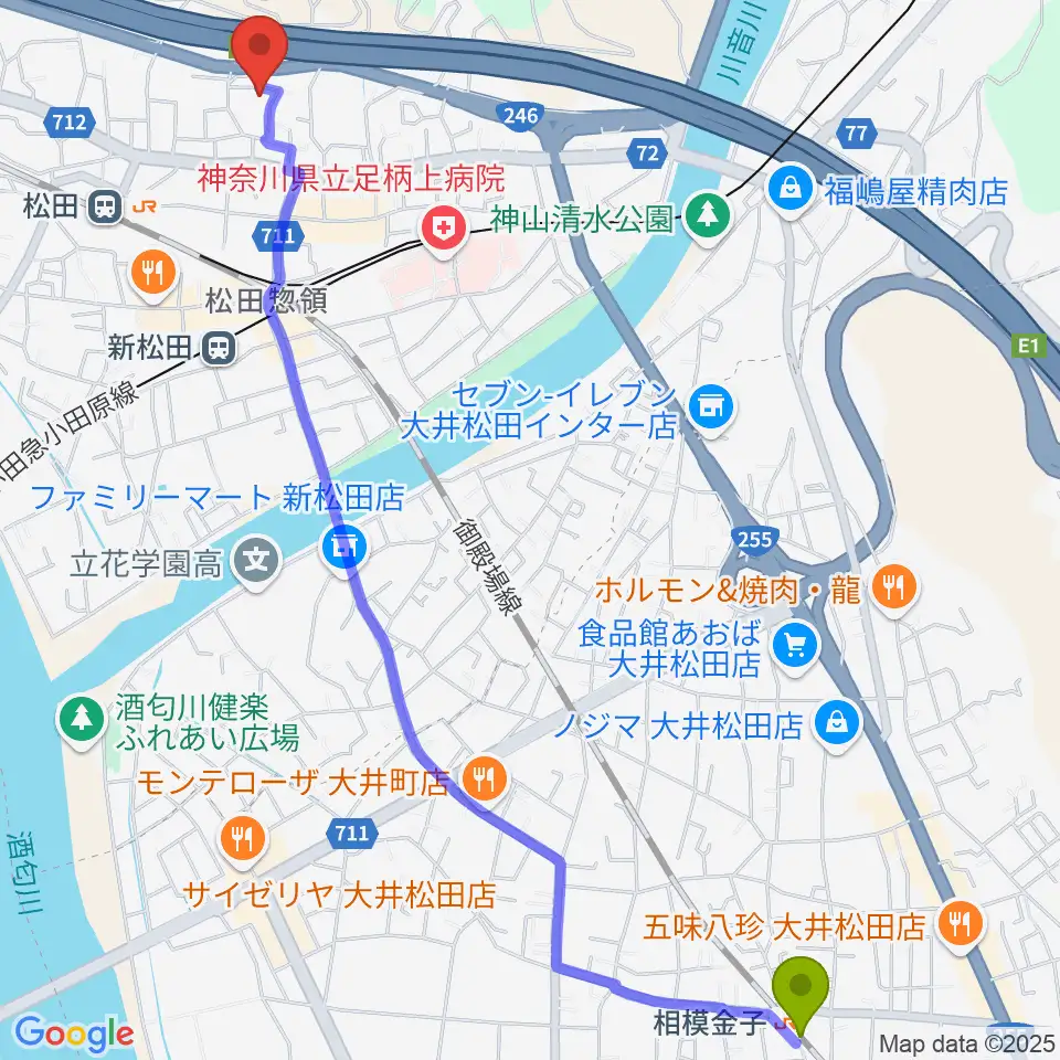 相模金子駅から松田町生涯学習センターへのルートマップ地図