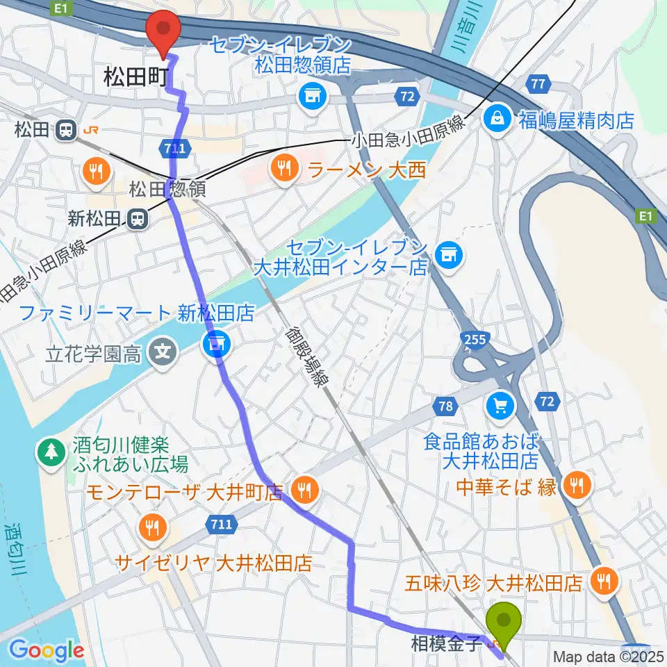相模金子駅から松田町生涯学習センターへのルートマップ地図