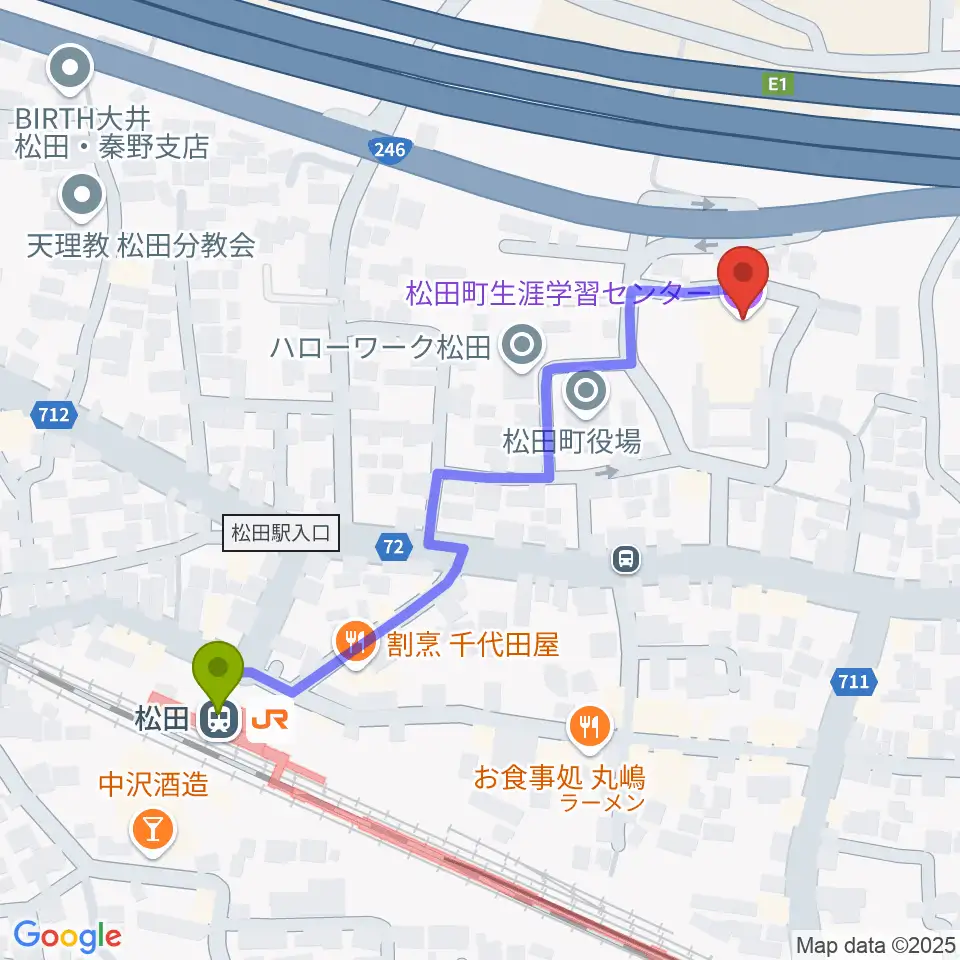 松田町生涯学習センターの最寄駅松田駅からの徒歩ルート（約5分）地図