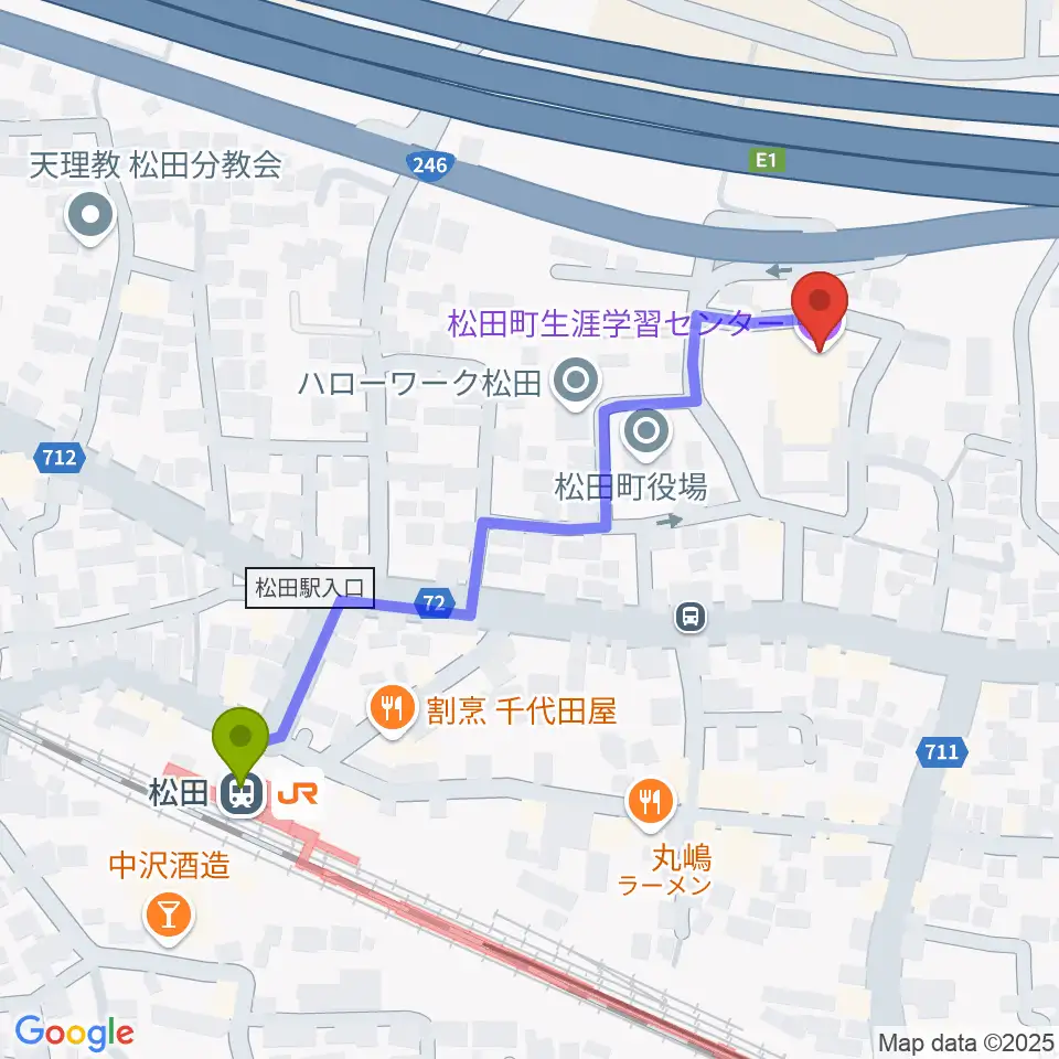 松田町生涯学習センターの最寄駅松田駅からの徒歩ルート（約5分）地図
