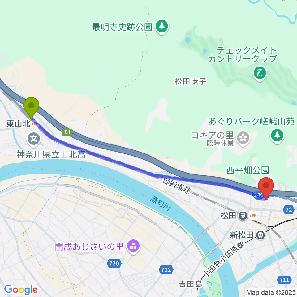 東山北駅から松田町生涯学習センターへのルートマップ地図