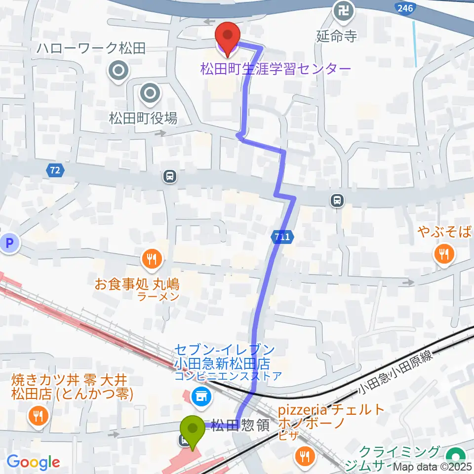 新松田駅から松田町生涯学習センターへのルートマップ地図