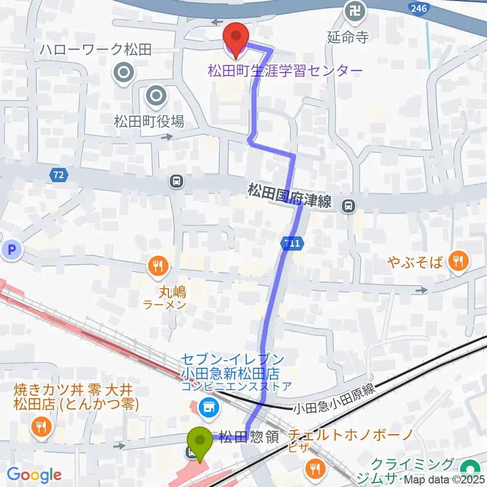 新松田駅から松田町生涯学習センターへのルートマップ地図