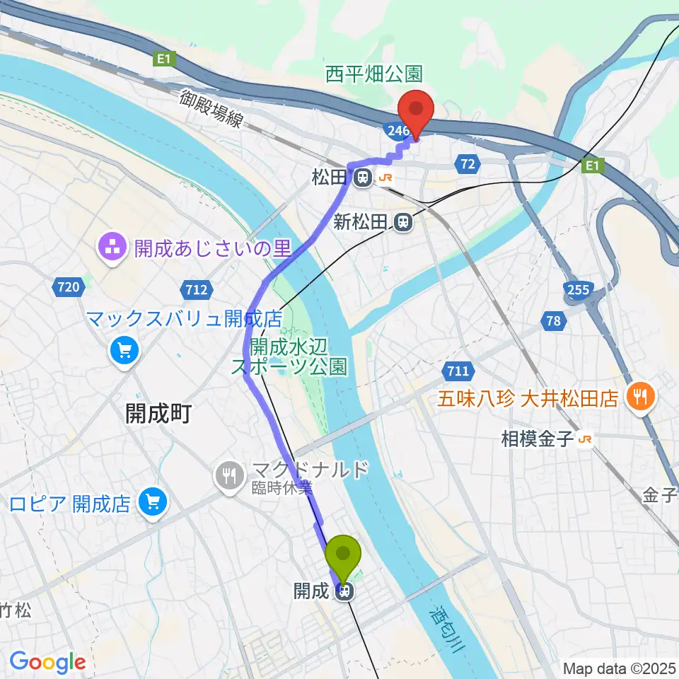 開成駅から松田町生涯学習センターへのルートマップ地図