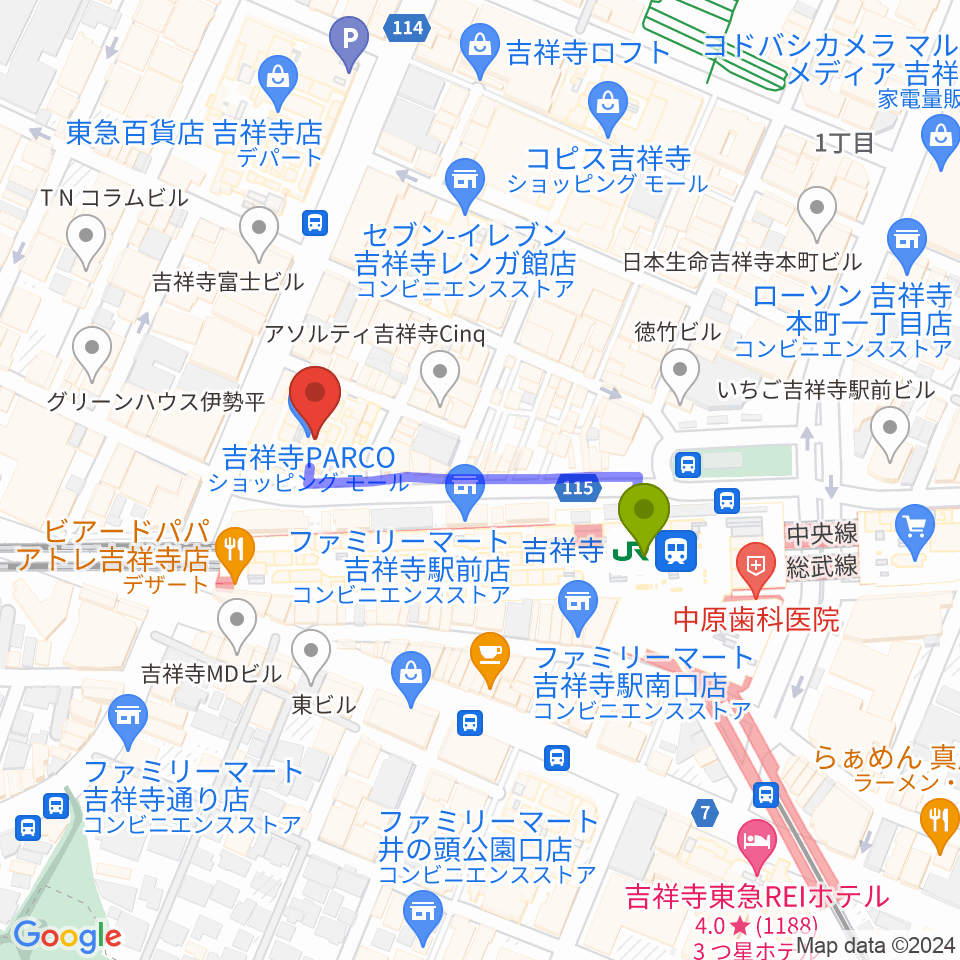 アップリンク吉祥寺の最寄駅吉祥寺駅からの徒歩ルート（約3分）地図