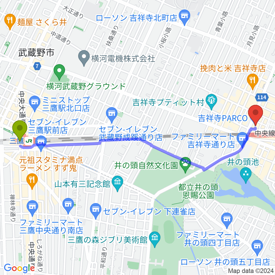 三鷹駅からアップリンク吉祥寺へのルートマップ地図