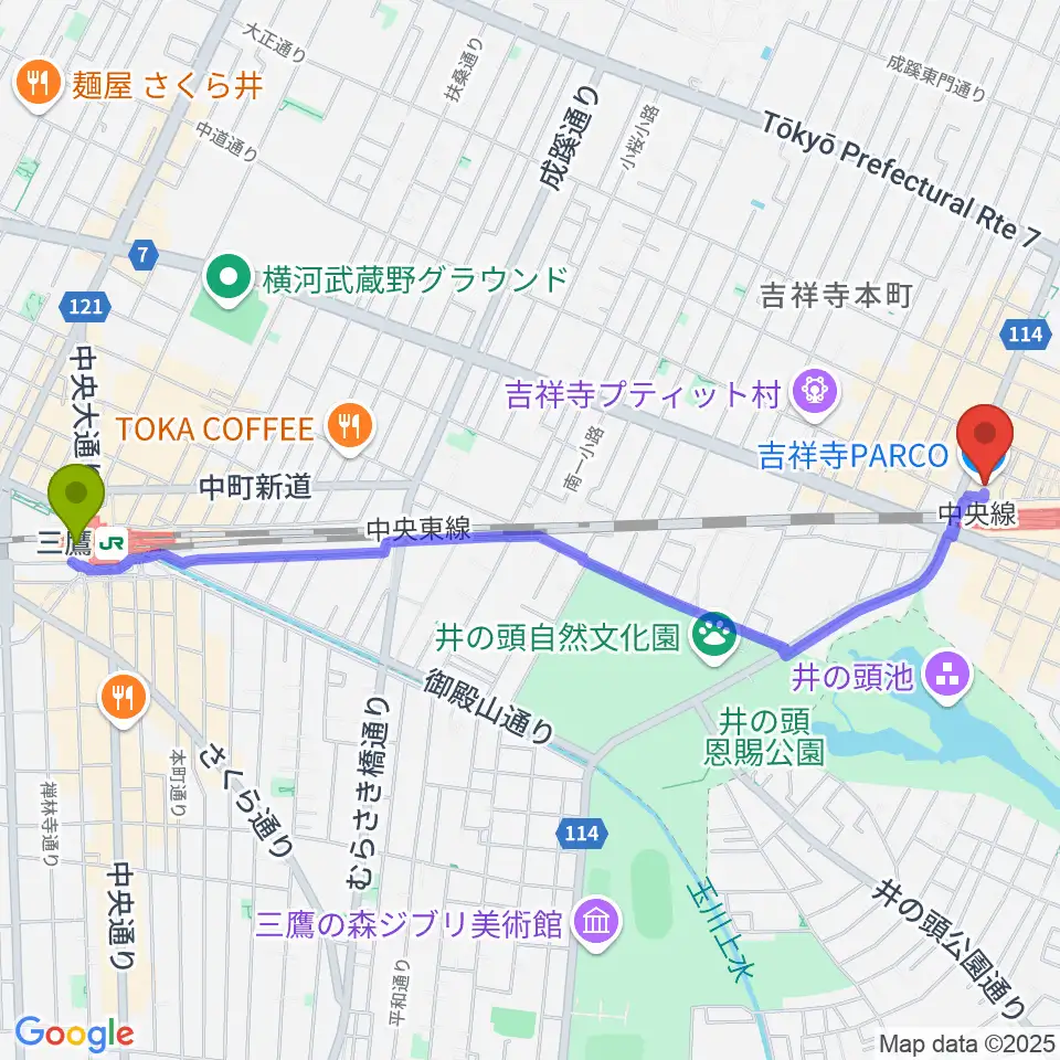三鷹駅からアップリンク吉祥寺へのルートマップ地図