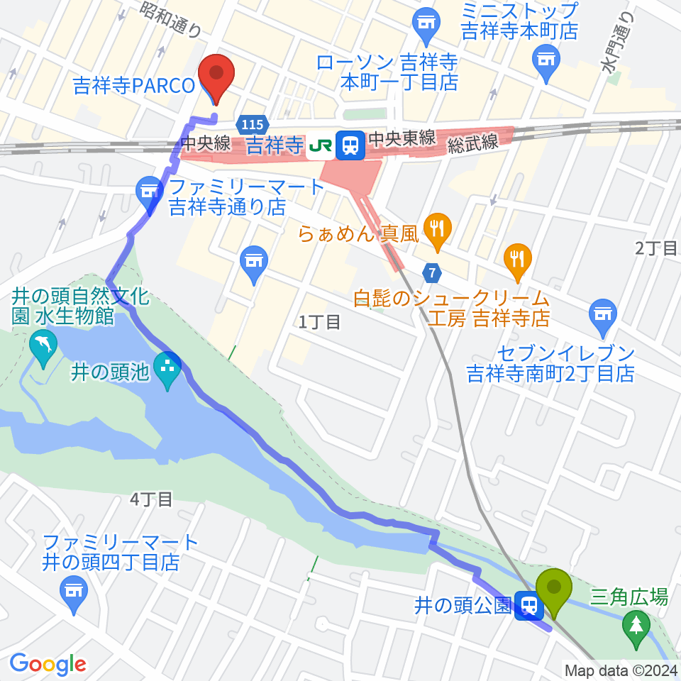井の頭公園駅からアップリンク吉祥寺へのルートマップ地図