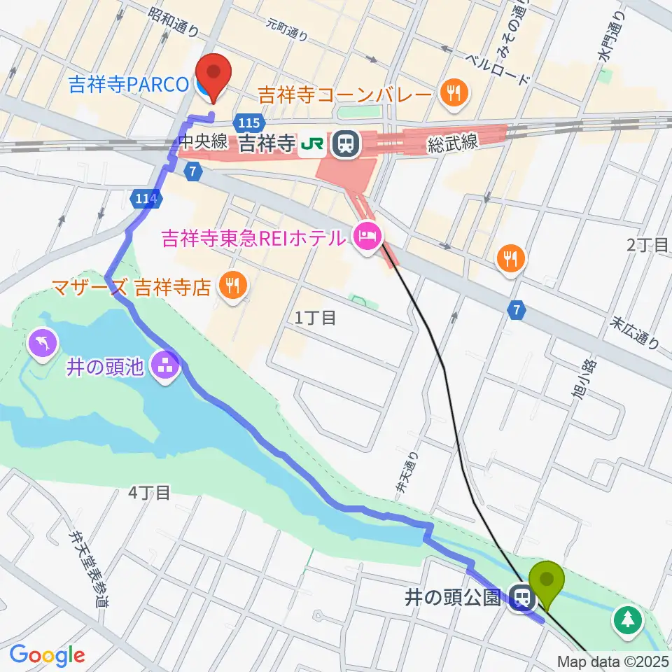 井の頭公園駅からアップリンク吉祥寺へのルートマップ地図
