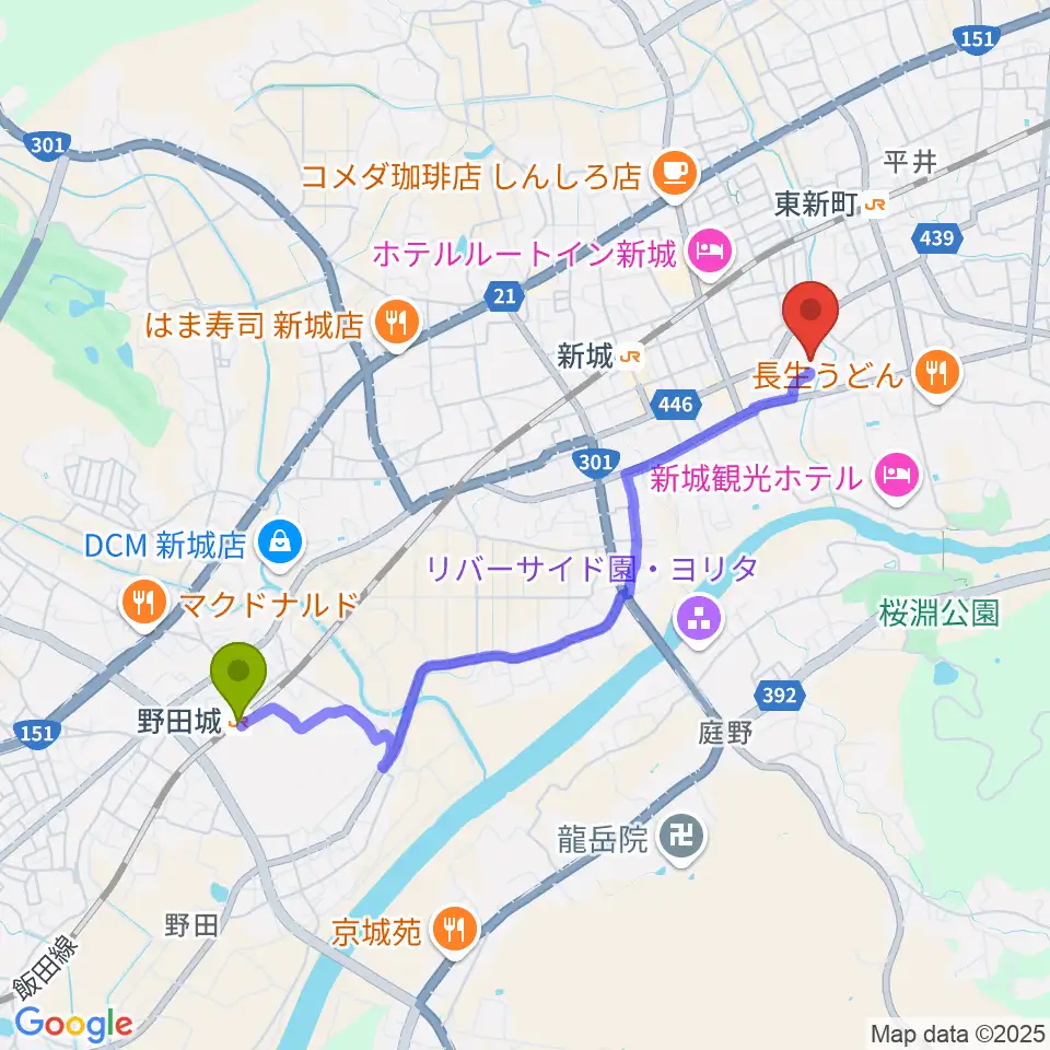 野田城駅から新城文化会館へのルートマップ地図