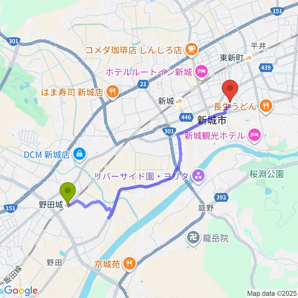 野田城駅から新城文化会館へのルートマップ地図