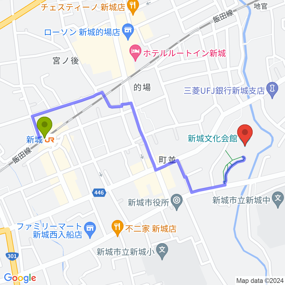 新城駅から新城文化会館へのルートマップ地図