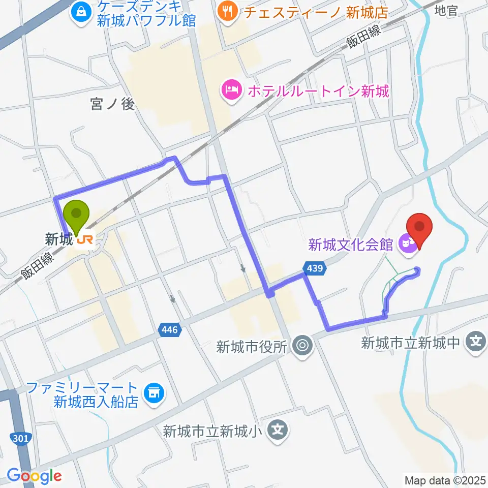 新城駅から新城文化会館へのルートマップ地図