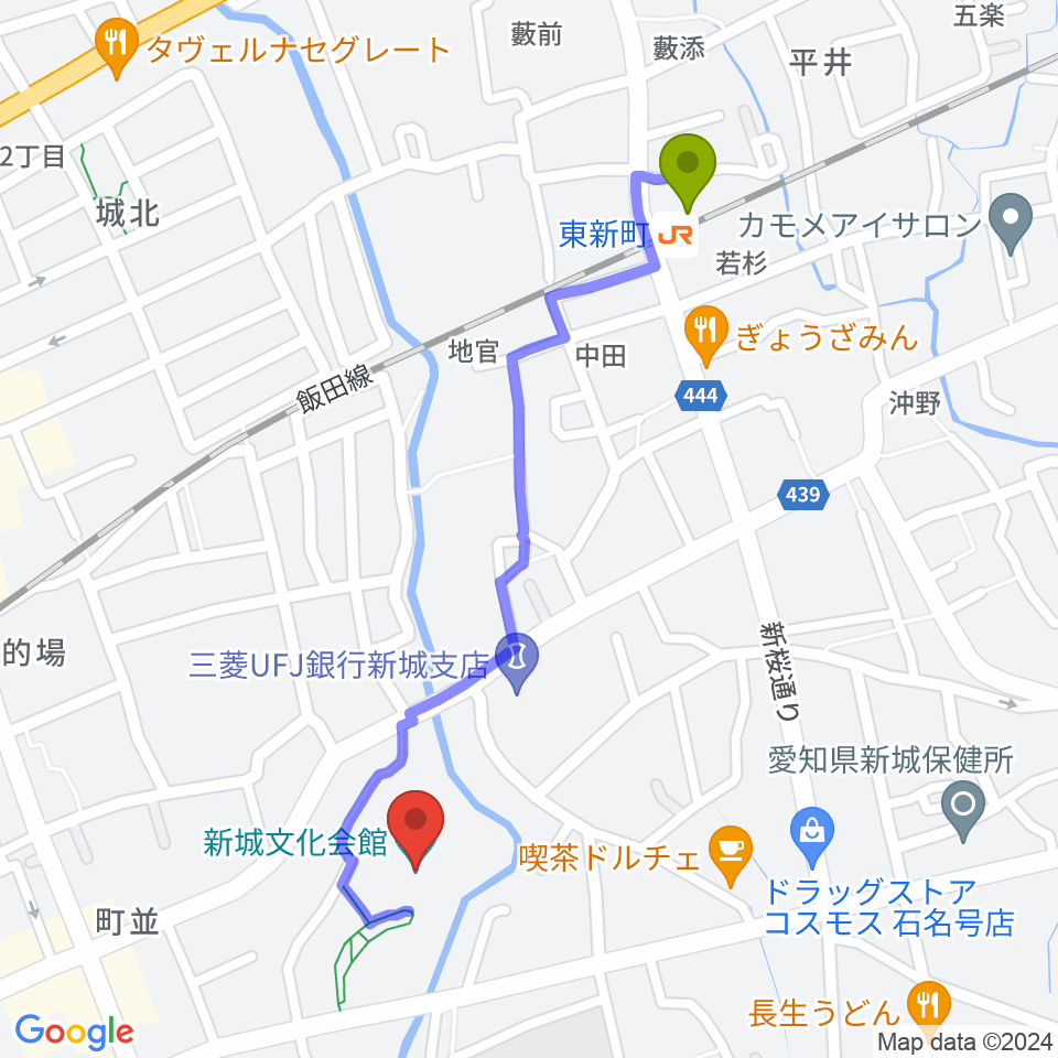 新城文化会館の最寄駅東新町駅からの徒歩ルート（約10分）地図