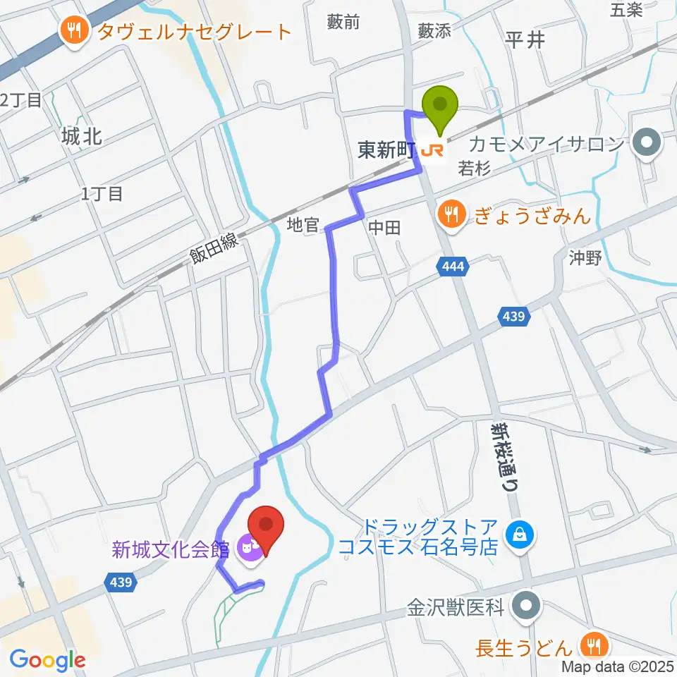 新城文化会館の最寄駅東新町駅からの徒歩ルート（約10分）地図