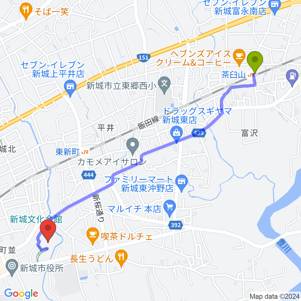 茶臼山駅から新城文化会館へのルートマップ地図