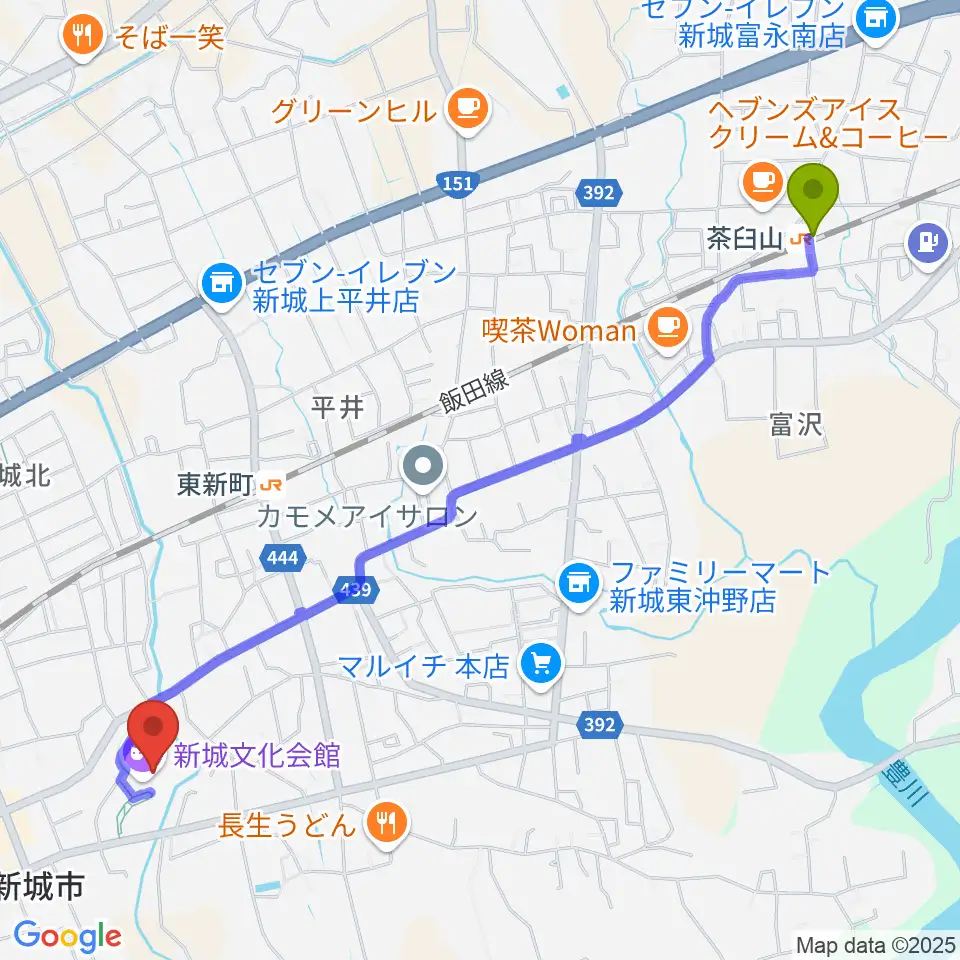 茶臼山駅から新城文化会館へのルートマップ地図