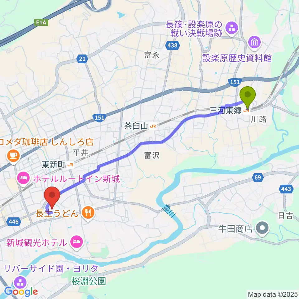 三河東郷駅から新城文化会館へのルートマップ地図