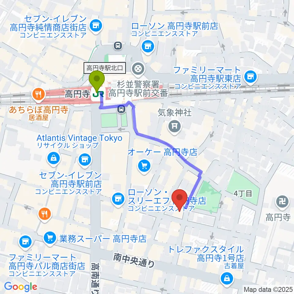 AMPcafeの最寄駅高円寺駅からの徒歩ルート（約4分）地図