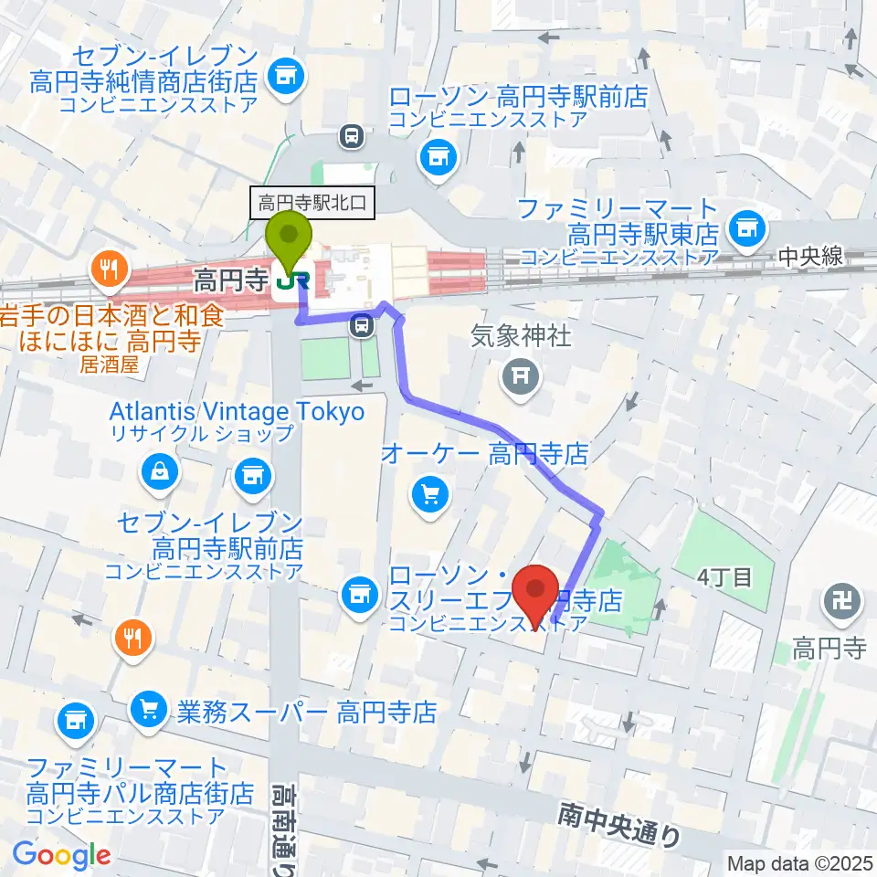 AMPcafeの最寄駅高円寺駅からの徒歩ルート（約4分）地図