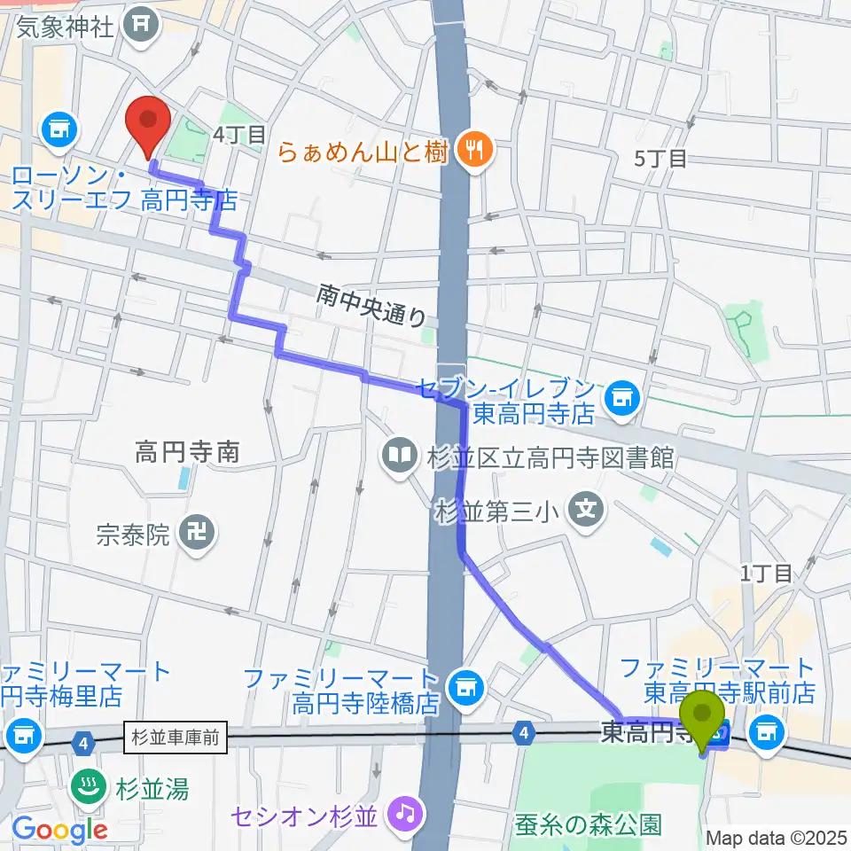 東高円寺駅からAMPcafeへのルートマップ地図