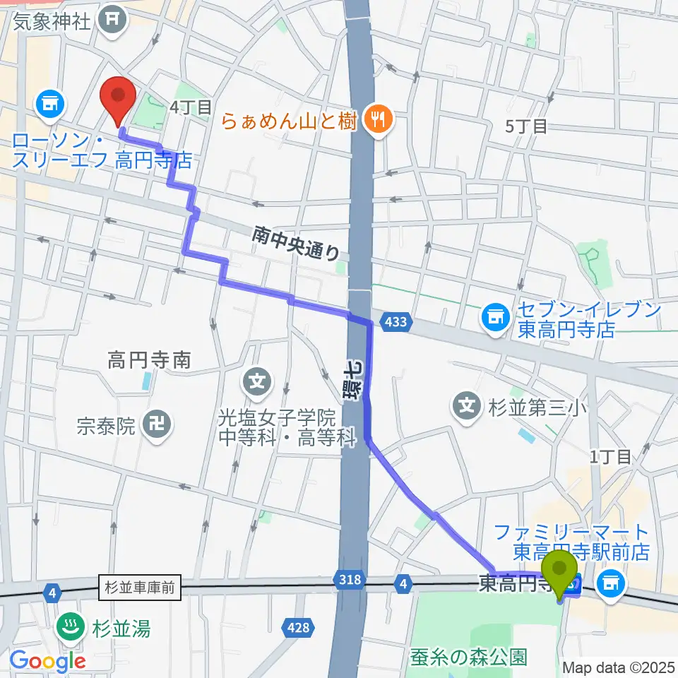 東高円寺駅からAMPcafeへのルートマップ地図