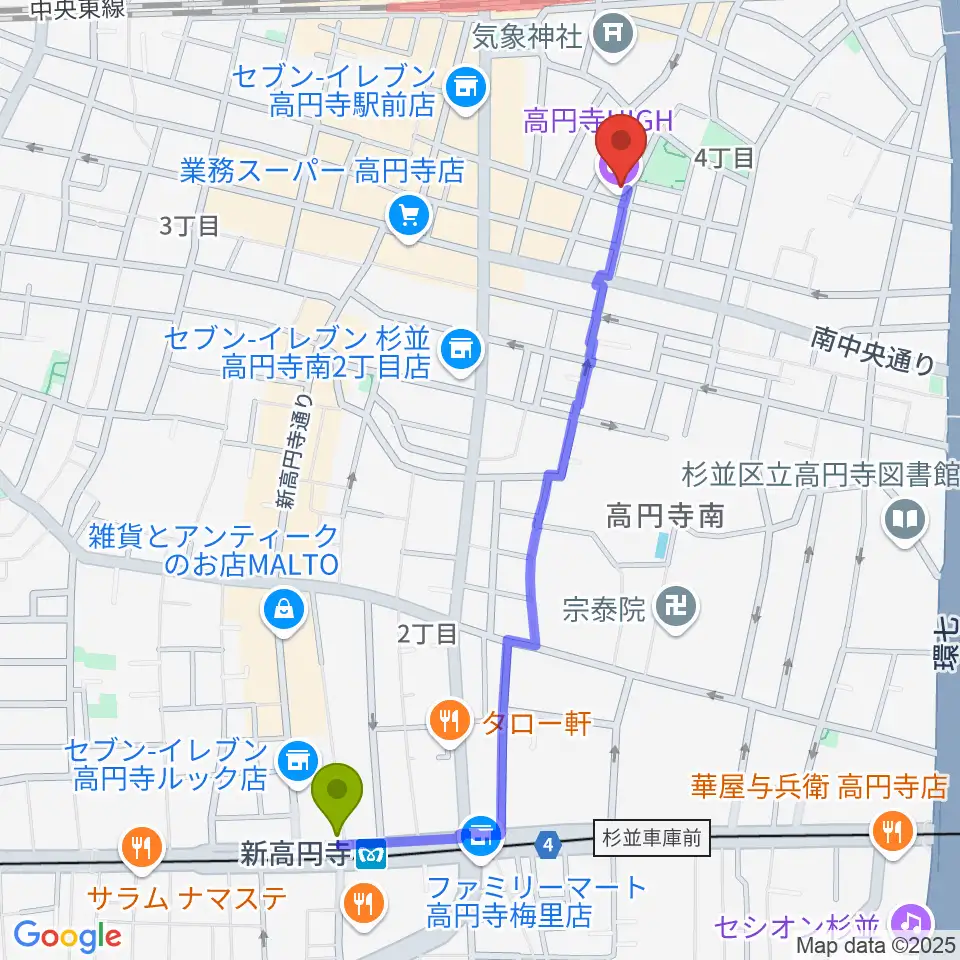 新高円寺駅からAMPcafeへのルートマップ地図